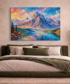 Berg Landschap met Meer Canvas Schilderij - Afbeelding 5