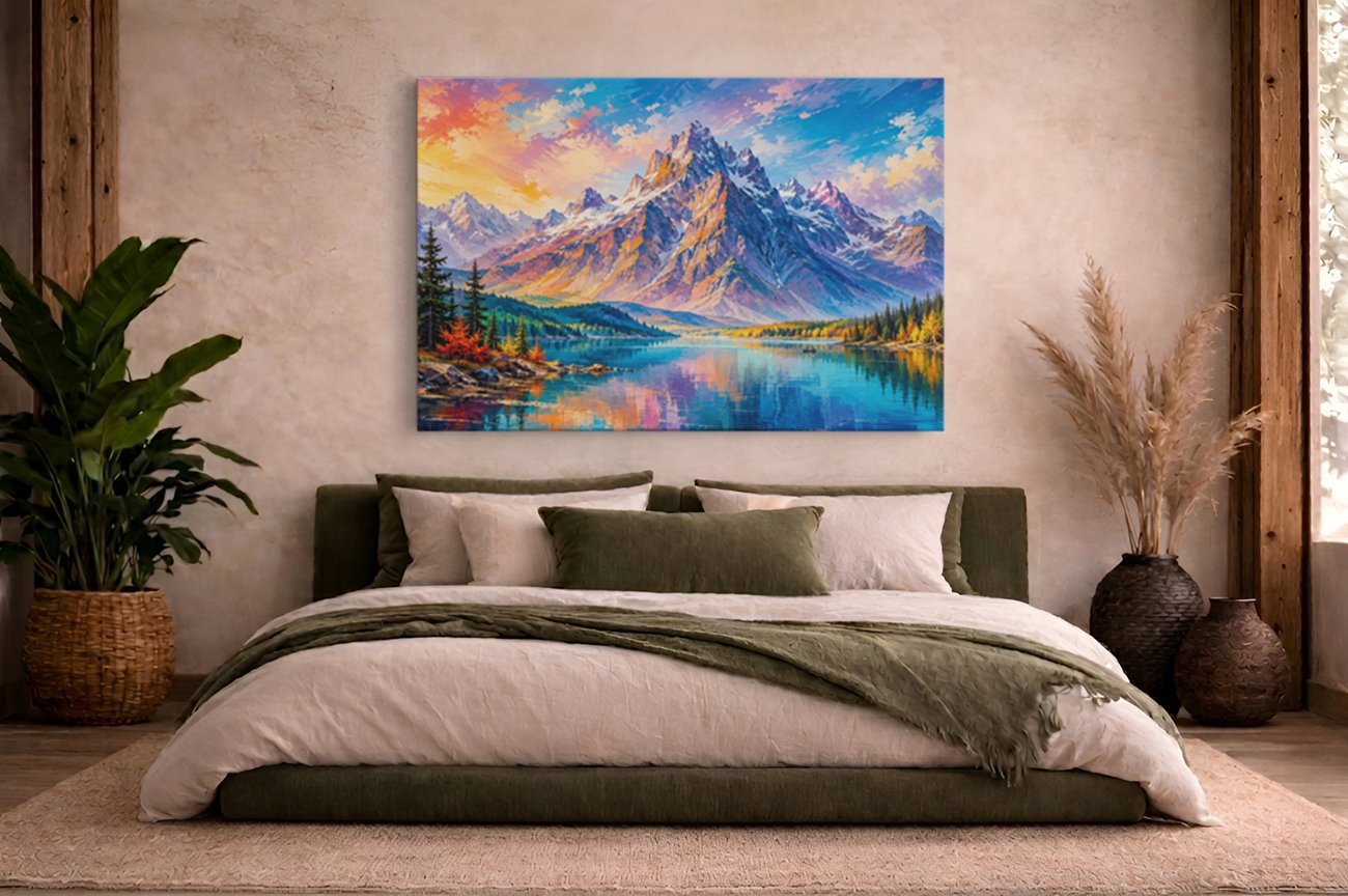 Berg Landschap met Meer Canvas Schilderij - Afbeelding 5