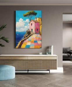 Kleurrijke Kustdorp Canvas Schilderij