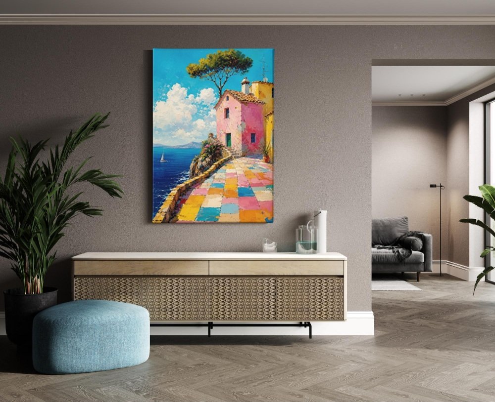 Kleurrijke Kustdorp Canvas Schilderij
