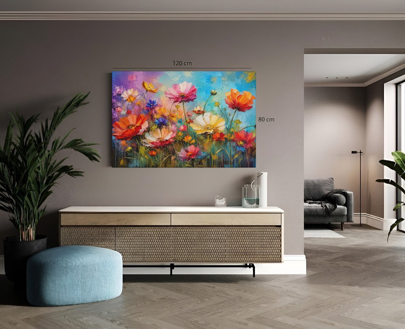 Kleurrijke Bloemenweide Canvas Schilderij - Afbeelding 3